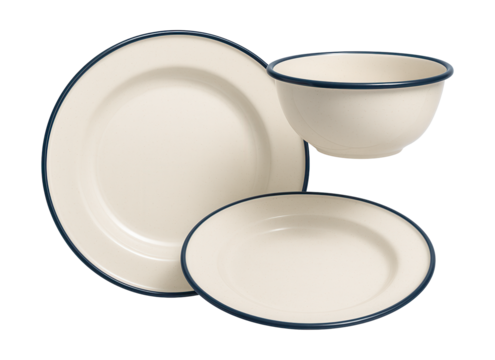 A lightweight enamel dinnerware set, great for picnics and barbecues in a home with a large backyard.