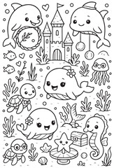 Obraz premium Cute Ocean Animals Underwater Scene Coloring Pages And Vector .