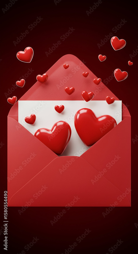 Poster red envelope with numerous small hearts floating around it, design elements with a blank white card 