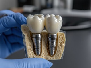 Dental implant model showcasing metal posts and teeth in office