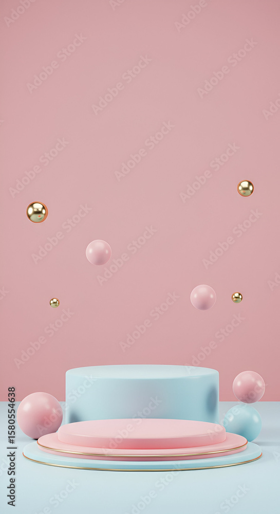 Poster pastel pink and light blue geometric display podiums with floating golden and pastel-colored spheres