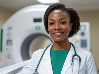 Happy African American woman doctor in white coat at hospital