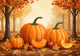 Naklejka premium Autumn pumpkins and apples in a woodland setting. Group of pumpkins and apples resting on fallen leaves in a picturesque forest scene.