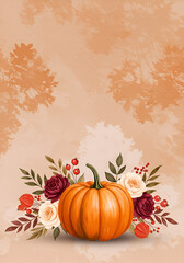 Autumnal pumpkin with floral arrangement in a muted palette. Still life of a single pumpkin surrounded by a bouquet of roses, berries, and leaves on a textured, light beige background.