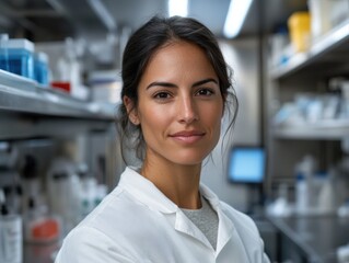 Young Hispanic woman in lab coat working in laboratory during day