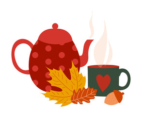 Cute hot tea in pot and cup steaming surrounded by maple and oak leaves and an acorn. Isolated autumn cozy composition.