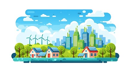 Naklejka premium Sustainable Cityscape with Wind Turbines and Solar Panels Illustration