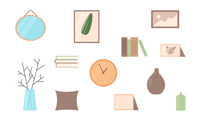 Home decoration collection including interior objects. Isolated flat elements for design such as mirror, clock and books.