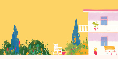 Obraz premium A charming illustration captures the essence of a serene garden scene, where lush greenery meets a building with welcoming balcony, creating a sense of peace and tranquility.