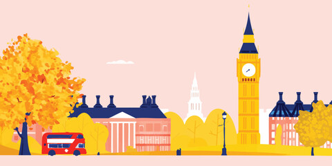 Fototapeta premium A vibrant illustration depicts a whimsical London cityscape with iconic landmarks, a classic red double-decker bus, and autumnal trees in a dreamy, colorful style.