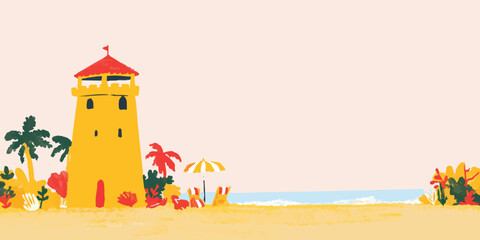 An idyllic beach scene, complete with a yellow lifeguard tower, palm trees, and sunbathers enjoying the warm weather.