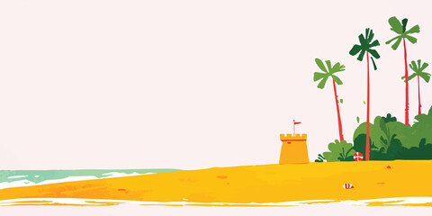 A vibrant coastal illustration capturing a cheerful beach scene, with a sandcastle, palm trees, and a serene ocean setting. A sense of calm and summer leisure.