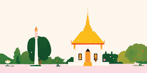An eye-level view of the elegant Grand Palace, embraced by vibrant blossoms and lush foliage in a mesmerizing illustration.Thailand, Grand Palace, thai, Thai culture, thai graphics, thai palace, thai.