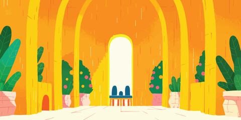 An illustration of a sunlit hallway, a captivating display of architectural elegance. The arches and design create a visual story, setting a tranquil atmosphere.