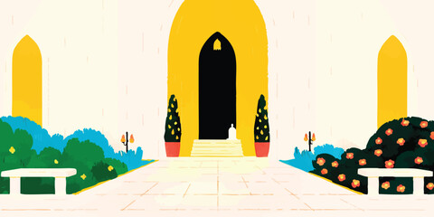 A captivating illustration of a beautiful church or building entry, with garden. The entrance evokes serenity, and inviting to view the garden pathway.