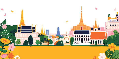An eye-level view of the elegant Grand Palace, embraced by vibrant blossoms and lush foliage in a mesmerizing illustration.Thailand, Grand Palace, thai, Thai culture, thai graphics, thai palace, thai.