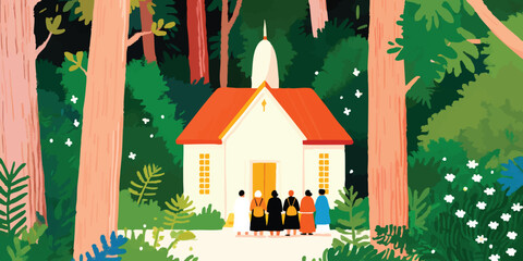 A picturesque, stylized illustration of a tranquil church nestled in a verdant woodland. Several people are approaching the church, set against a vivid, serene forest backdrop.