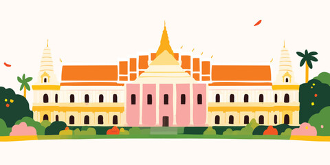 An eye-level view of the elegant Grand Palace, embraced by vibrant blossoms and lush foliage in a mesmerizing illustration.Thailand, Grand Palace, thai, Thai culture, thai graphics, thai palace, thai.