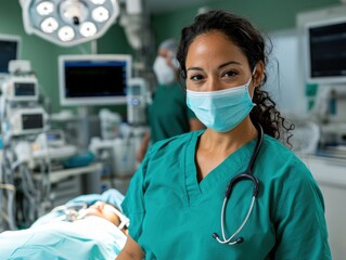 Hispanic woman in teal scrubs smiling in hospital operating room
