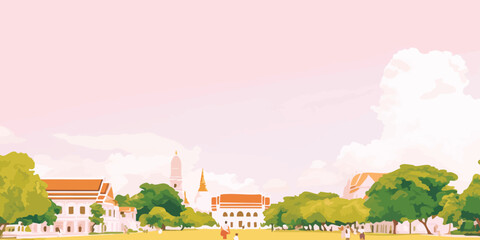 An eye-level view of the elegant Grand Palace, embraced by vibrant blossoms and lush foliage in a mesmerizing illustration.Thailand, Grand Palace, thai, Thai culture, thai graphics, thai palace, thai.