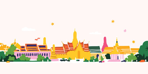 An eye-level view of the elegant Grand Palace, embraced by vibrant blossoms and lush foliage in a mesmerizing illustration.Thailand, Grand Palace, thai, Thai culture, thai graphics, thai palace, thai.