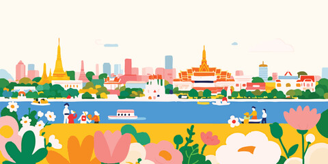 An eye-level view of the elegant Grand Palace, embraced by vibrant blossoms and lush foliage in a mesmerizing illustration.Thailand, Grand Palace, thai, Thai culture, thai graphics, thai palace, thai.