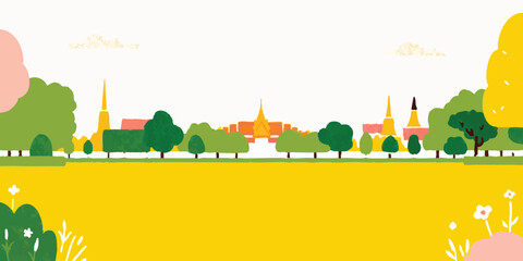 An eye-level view of the elegant Grand Palace, embraced by vibrant blossoms and lush foliage in a mesmerizing illustration.Thailand, Grand Palace, thai, Thai culture, thai graphics, thai palace, thai.