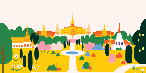An eye-level view of the elegant Grand Palace, embraced by vibrant blossoms and lush foliage in a mesmerizing illustration.Thailand, Grand Palace, thai, Thai culture, thai graphics, thai palace, thai.