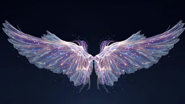 Fantasy angel wings glowing with stars and magic light on dark background with sparkling mystical energy
