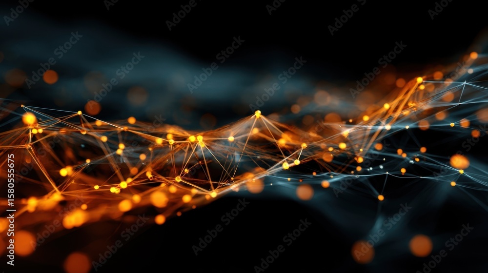 Poster dynamic visualization of fastmoving data packets adorned with glowing orange highlights representing