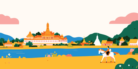 An eye-level view of the elegant Grand Palace, embraced by vibrant blossoms and lush foliage in a mesmerizing illustration.Thailand, Grand Palace, thai, Thai culture, thai graphics, thai palace, thai.