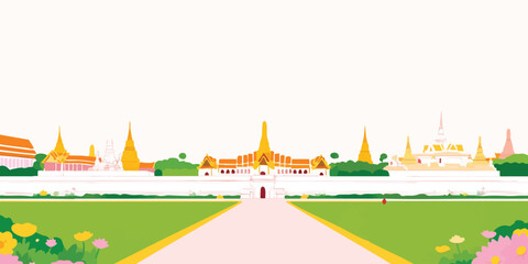 An eye-level view of the elegant Grand Palace, embraced by vibrant blossoms and lush foliage in a mesmerizing illustration.Thailand, Grand Palace, thai, Thai culture, thai graphics, thai palace, thai.