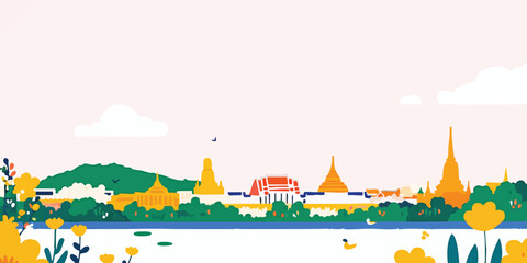 An eye-level view of the elegant Grand Palace, embraced by vibrant blossoms and lush foliage in a mesmerizing illustration.Thailand, Grand Palace, thai, Thai culture, thai graphics, thai palace, thai.