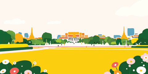 An eye-level view of the elegant Grand Palace, embraced by vibrant blossoms and lush foliage in a mesmerizing illustration.Thailand, Grand Palace, thai, Thai culture, thai graphics, thai palace, thai.