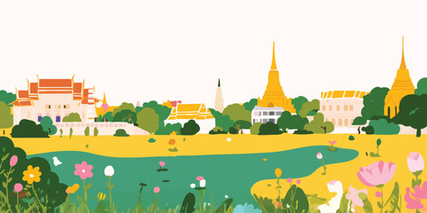An eye-level view of the elegant Grand Palace, embraced by vibrant blossoms and lush foliage in a mesmerizing illustration.Thailand, Grand Palace, thai, Thai culture, thai graphics, thai palace, thai.