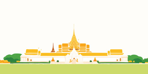 An eye-level view of the elegant Grand Palace, embraced by vibrant blossoms and lush foliage in a mesmerizing illustration.Thailand, Grand Palace, thai, Thai culture, thai graphics, thai palace, thai.