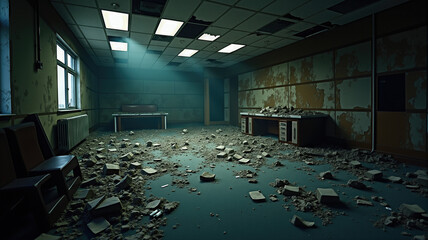 Abandoned office with scattered debris and damaged walls