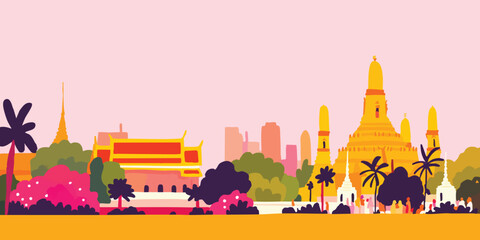An eye-level view of the elegant Grand Palace, embraced by vibrant blossoms and lush foliage in a mesmerizing illustration.Thailand, Grand Palace, thai, Thai culture, thai graphics, thai palace, thai.