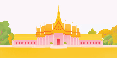 An eye-level view of the elegant Grand Palace, embraced by vibrant blossoms and lush foliage in a mesmerizing illustration.Thailand, Grand Palace, thai, Thai culture, thai graphics, thai palace, thai.