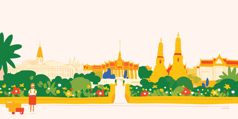 An eye-level view of the elegant Grand Palace, embraced by vibrant blossoms and lush foliage in a mesmerizing illustration.Thailand, Grand Palace, thai, Thai culture, thai graphics, thai palace, thai.