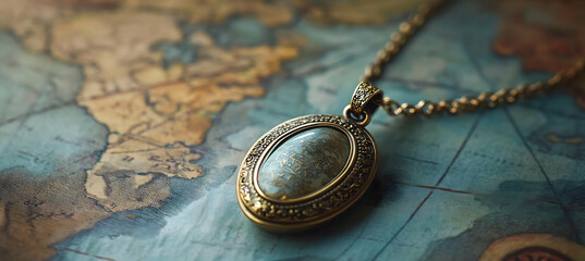 Vintage locket pendant with ornate filigree design floating above a sepia toned map captured in soft focus with ethereal lighting creating a dreamy nostalgic atmosphere


