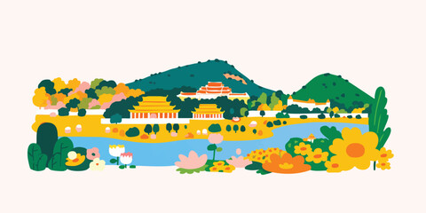 An eye-level view of the elegant Grand Palace, embraced by vibrant blossoms and lush foliage in a mesmerizing illustration.Thailand, Grand Palace, thai, Thai culture, thai graphics, thai palace, thai.