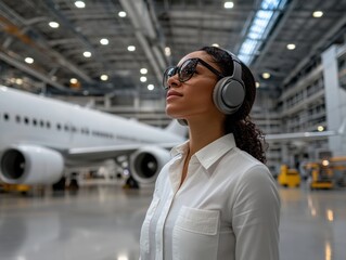 Pensive young woman with headphones in airplane hangar