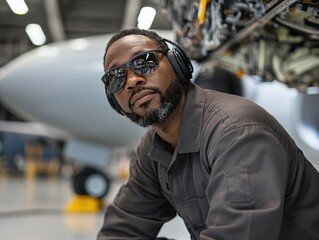 Black man, 35 years old, wearing sunglasses in aircraft hangar
