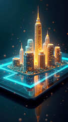 Futuristic cityscape on digital tablet displaying advanced urban technology