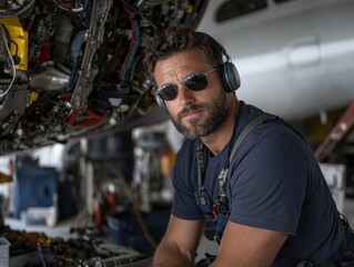 Serious man working on airplane engine in hangar during day