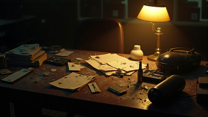Dimly lit desk with vintage lamp and disorganized papers in cozy office