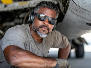 Serious African American man maintaining airplane outdoors