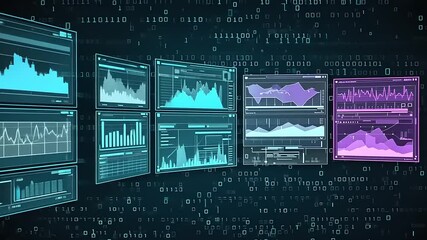 Floating screens display graphs and data over a binary code backdrop - Powered by Adobe