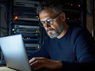 Focused man typing on laptop in server room at night